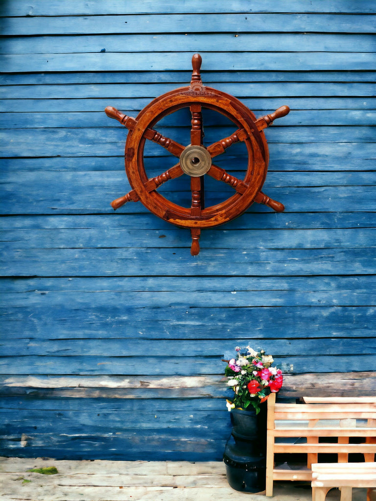 Harper & Willow Blue Wood Ship Wheel Sail Boat Wall Clock 28 x 2