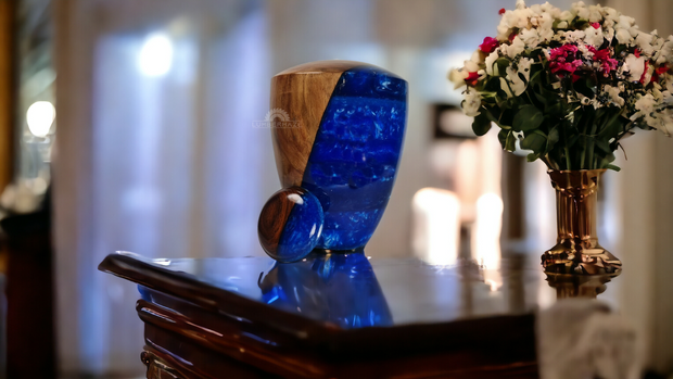 Handcrafted Epoxy & Wood Jaar Shaped Memorial Urn - Wooden Cremation Urn - Personalized Keepsake Urn - Remembrance Urn 320Cu Blue.